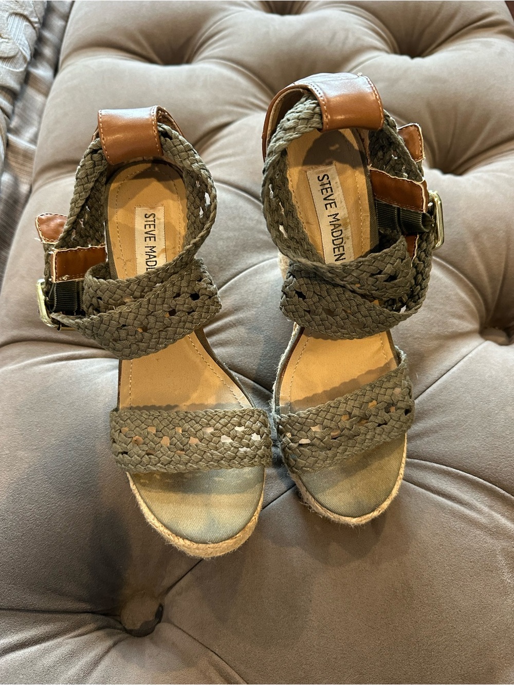 Steve Madden Olive Braided Espadrille Wedge Sandals with Tan Accents